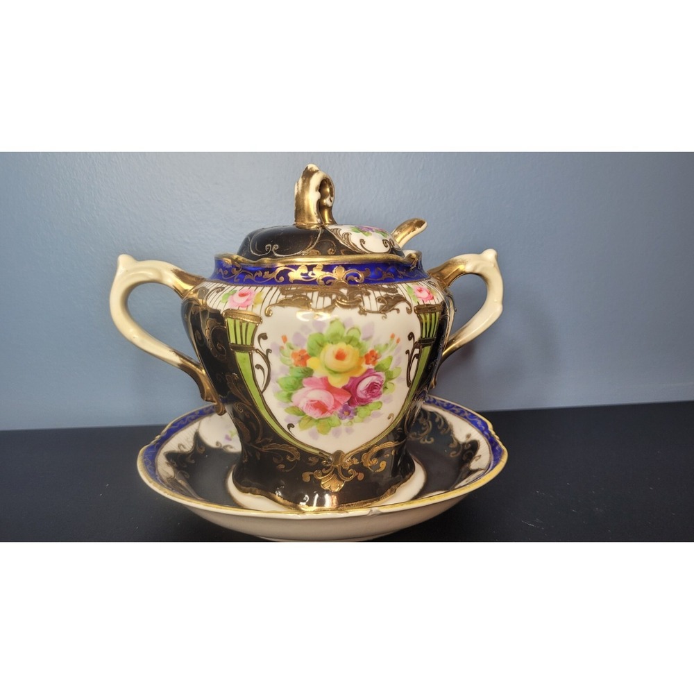 Antique Nippon Condiment Bowl Attached Underplate Hand Painted & Gilded No Spoon